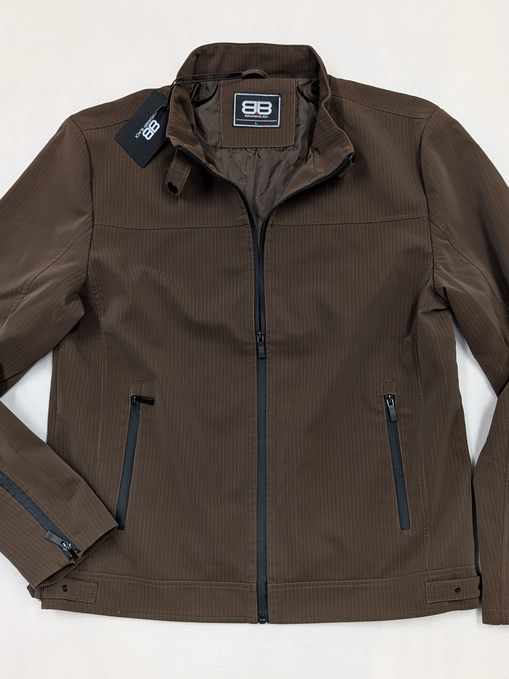 Benjamin Black Men's Brown Textured Full Zip Jacket Stand Collar NWT Size L
